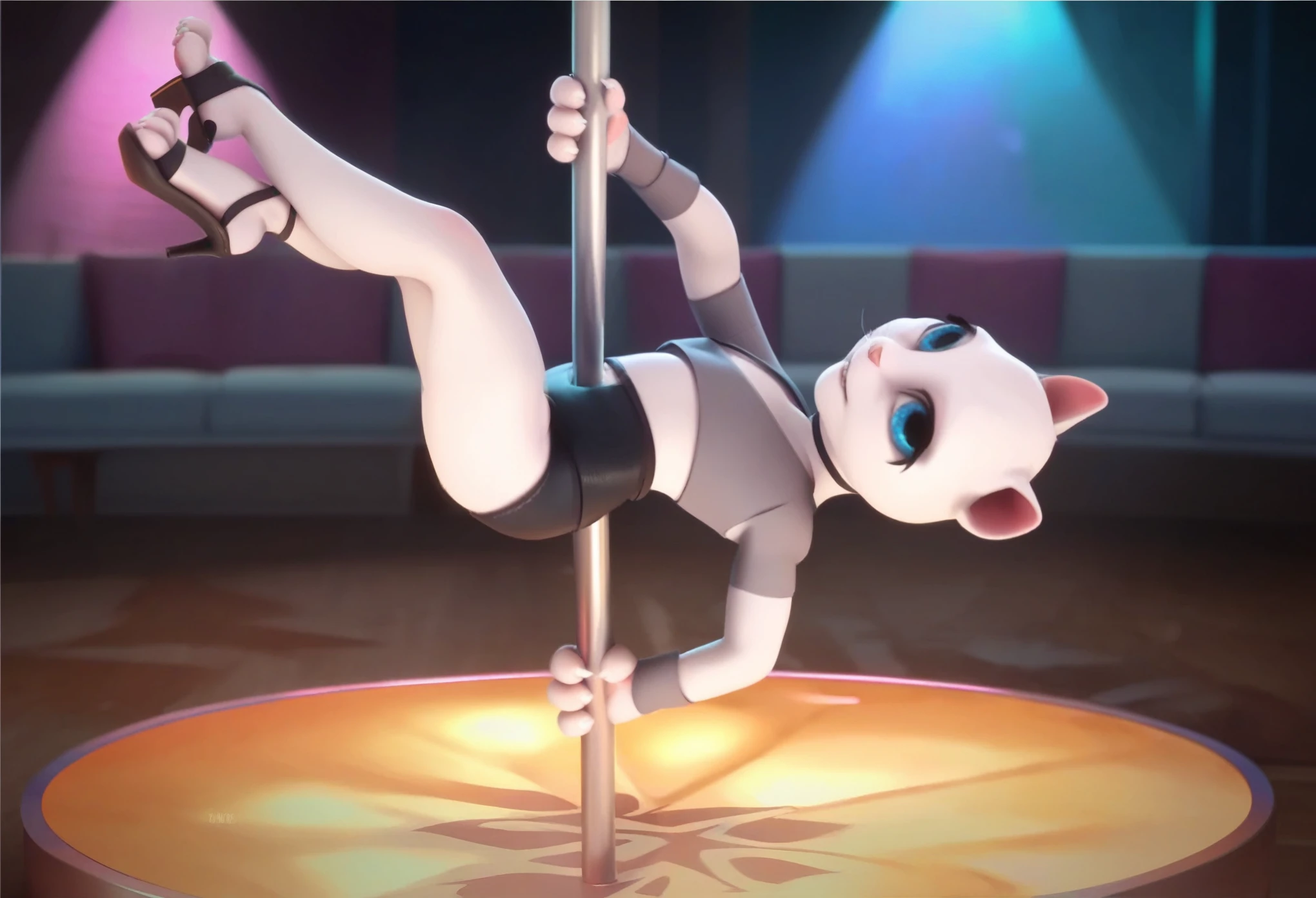 soles black sandals high heels. sexy pole dance and split white cat with blue eyes