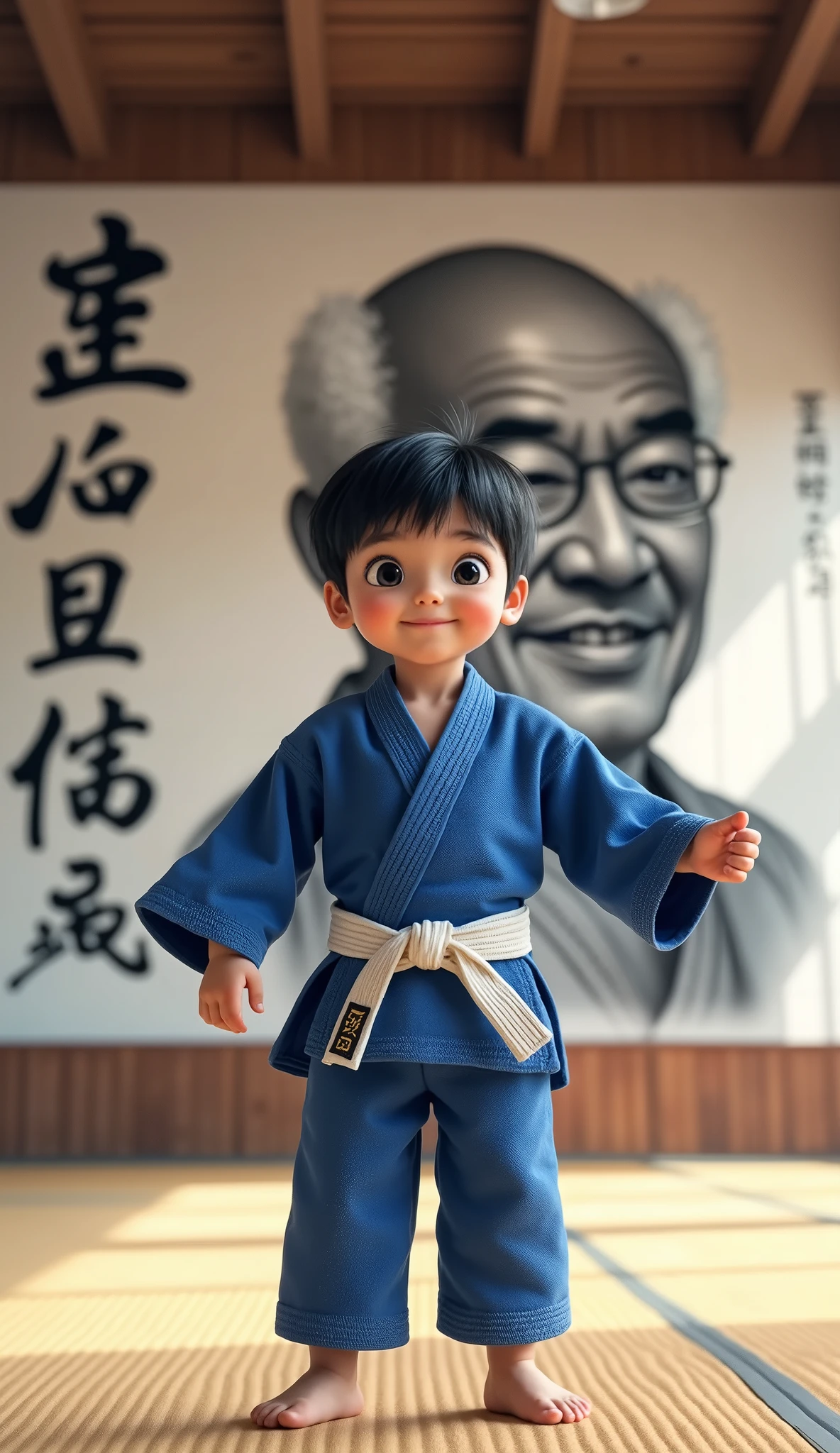 Judo Club Advertisement. boy . white boy. Dressed in a blue gi for Judo fighting, white belt. black hair, big black eyes, boy smiles. Against the backdrop of a large spacious hall with large windows, on the tatami floor for wrestling. On the wall there is a large black and white photograph of a grey-haired old Japanese man. The name of the club “Hinode” is visible on the wall. 