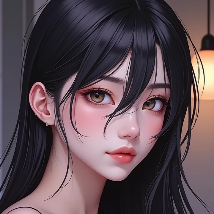 1girl, solo, long hair, black hair, written clothes, brown eyes, looking at the viewer, beanie, lips, upper body, closed mouth, shirt, earrings, https://i.postimg.cc/tCDfNDvp/Screenshot-20230606-212445.png
