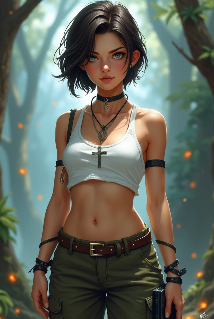 solo, 1girl, (masterpiece), ((16 year old appearance)), short hair, mohalk punk hair, small breasts, yellow eyes, ((detailed eyes)), (athletic body), (simple black cropped), Black top with red details, Looking at the screen, orange lipstick, visible abs, small mini skirt, navel, (collarbone), (dark forest scenery background)