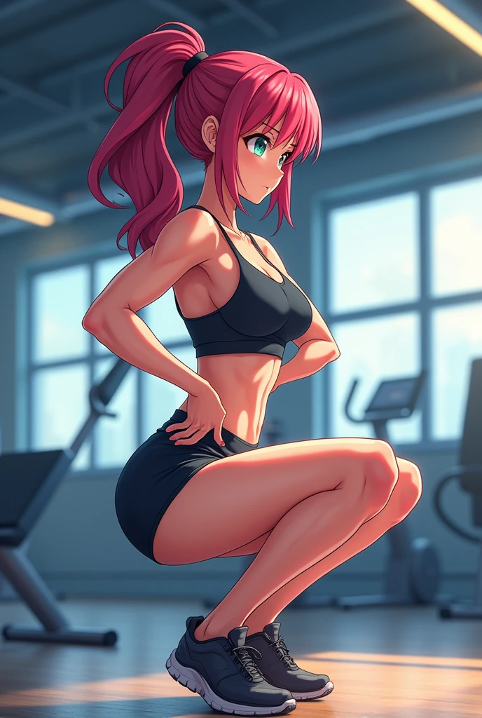 masterpiece, best quality,8k wallpaper , love live art style, nishikino maki love live, purple eyes,red hair,pink leggings, black gym top , cleavage , pants pull,standing , half closed eyes, smile , sexual 