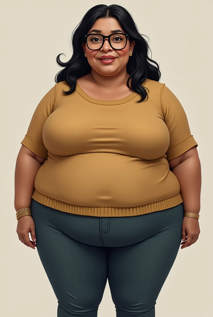 Generate full body frontal image of a black skinned lady, standing, naked without panties, chubby, at 6, like a face with expression marks of age, wearing prescription glasses with large, square frames, wavy afro hair with slightly gray tones, has voluminous, saggy breasts, shaved vagina completely naked, e está standing apoiada na bancada da pia da cozinha.