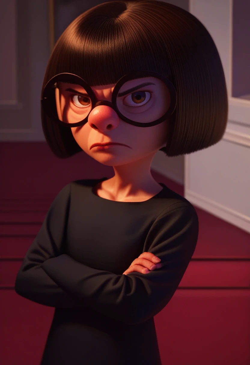 score_9,score_8_up,score_7_up,score_6_up,
ednamodexl,glasses,short hair,bob cut,brown eyes,
black gown,v-neck,serious,
standing,looking at viewer,crossed arms,
indoors,solo,
