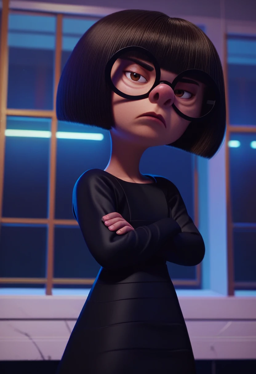 score_9,score_8_up,score_7_up,score_6_up,
ednamodexl,glasses,short hair,bob cut,brown eyes,
black gown,v-neck,serious,
standing,looking at viewer,crossed arms,
indoors,solo,
