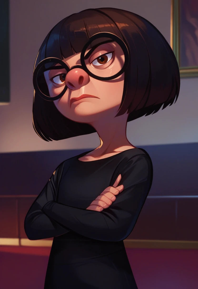 score_9,score_8_up,score_7_up,score_6_up,
ednamodexl,glasses,short hair,bob cut,brown eyes,
black gown,v-neck,serious,
standing,looking at viewer,crossed arms,
indoors,solo,
