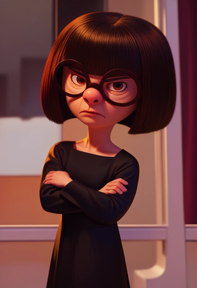 score_9,score_8_up,score_7_up,score_6_up,
ednamodexl,glasses,short hair,bob cut,brown eyes,
black gown,v-neck,serious,
standing,looking at viewer,crossed arms,
indoors,solo,
