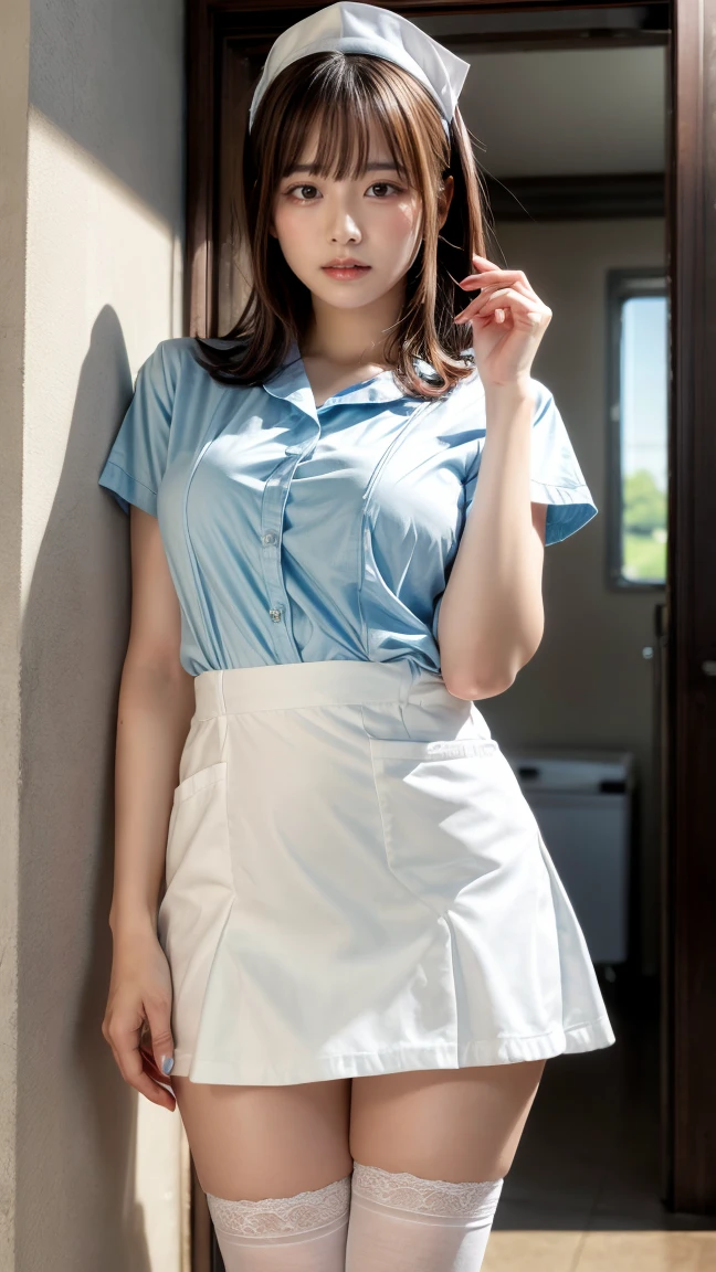 A 20-year-old woman with a cute idol-like face.。Gentle and cute。Please smile kindly。Her job is a nurse、Nurse uniform　Cleavage　mini skirt　Standing next to a hospital bed　Rear view of a woman arranging the bed sheets　You can see her panties from behind　Whole body　Full body portrait　RAW Photos　Genuine　Real Stick Photo　Natural light　Ultra-high resolution　life　No copyright notice