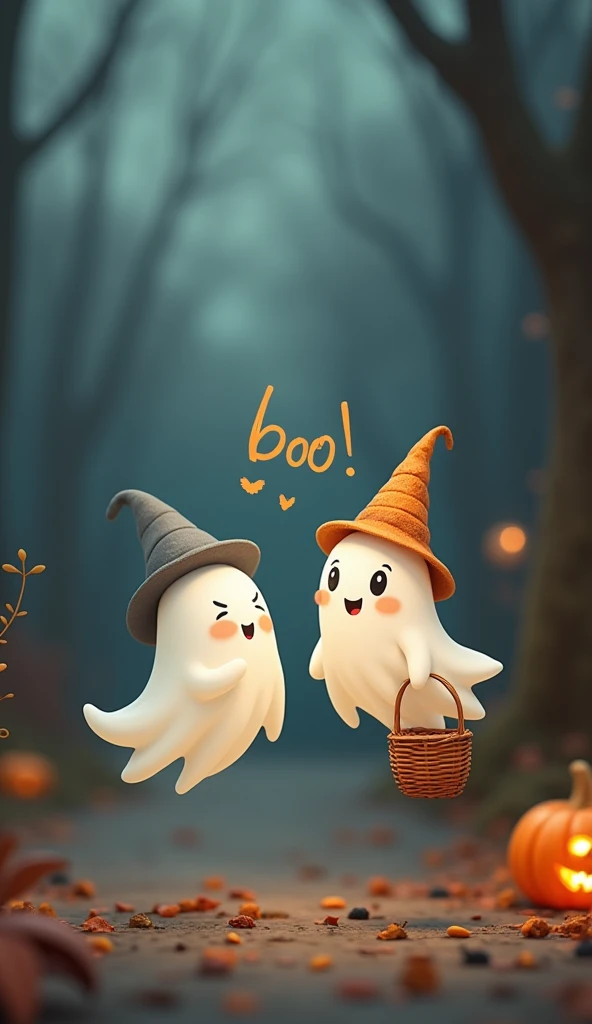 Adorable, floating ghosts dressed in mini costumes (like witches, pirates, or superheroes), holding tiny trick-or-treat bags.