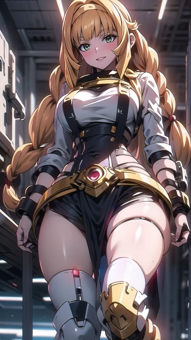 a beautiful detailed portrait of Kudelia Aina Bernstein from Gundam IBO, (Kudelia Aina Bernstein), (wide angle:1.27), (full length portrait:1.37), thigh length yellow hair, in a single braid, contrapposto stance, ((in various fighting poses)), viewing from slightly below, very excited facial expression, wearing white formal gown, dress lifted, revealing tight white thigh high boots, glimpse of red thong underneath, round hips, highly detailed, intricate details, cinematic lighting, spaceship hangar Bay interior, BREAK: BJ_Gundam, LeinaV4 