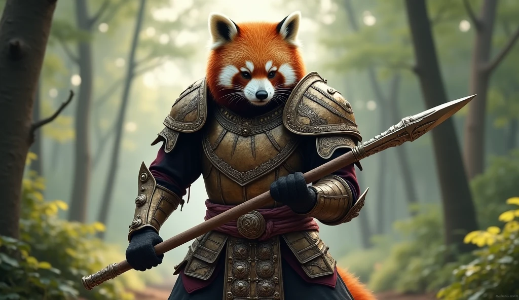 A red panda tanuki male,wearing plate armor and wielding a spear.