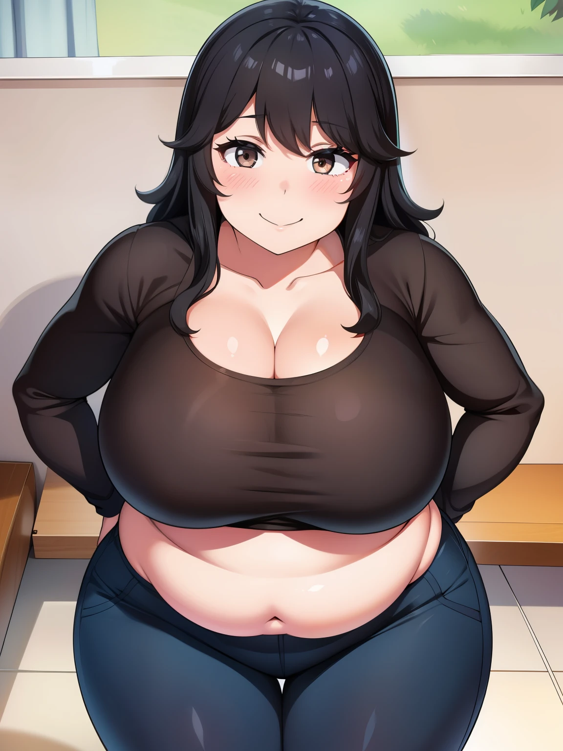 Plump  21 big breasts black hair brown eyes happy longer hair smile blushing deredere 