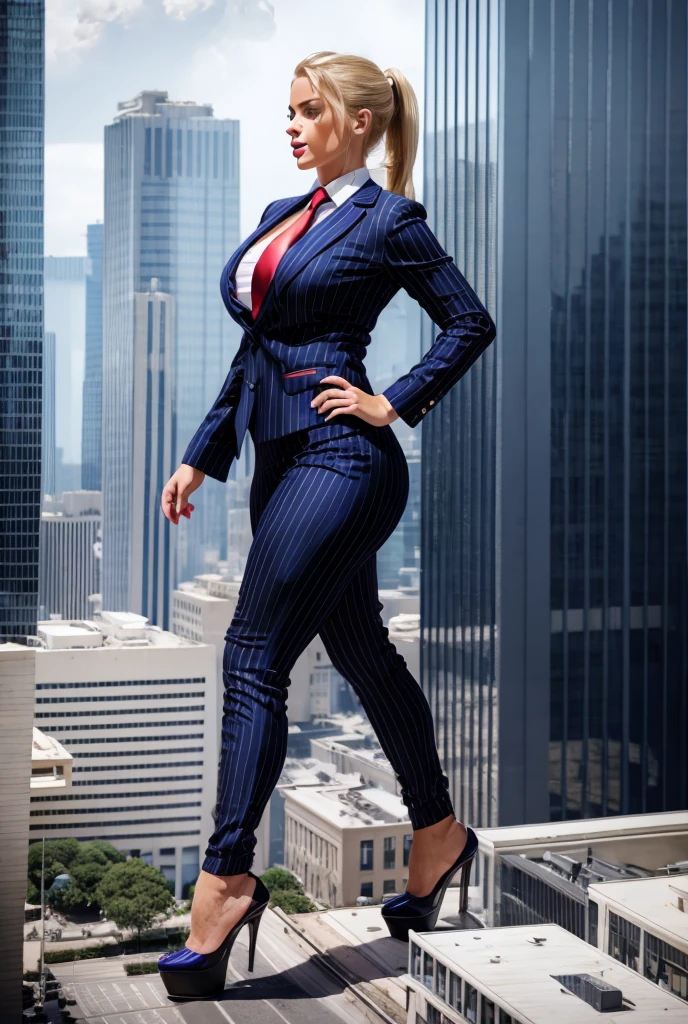 beautiful woman with thoughtful eyes, a striking nose, and full luscious lips, wearing a blue pinstriped trouser suit, white shirt, and large paisley necktie, with a blonde ponytail, red lips, and massive curvy figure in a blue pinstriped suit and blazer done up with a massive thick and massive blue necktie in a windsor knot, white shirt, standing on black platform high heels with bare feet, a colossal bust, in a cityscape with a cloudy, hazy atmosphere, mid-stride, stomping, crushing as an office building, captured in the highest quality, best shadows, shading, and lighting, ultra-detailed, hyper-photorealistic, and beautifully atmospheric