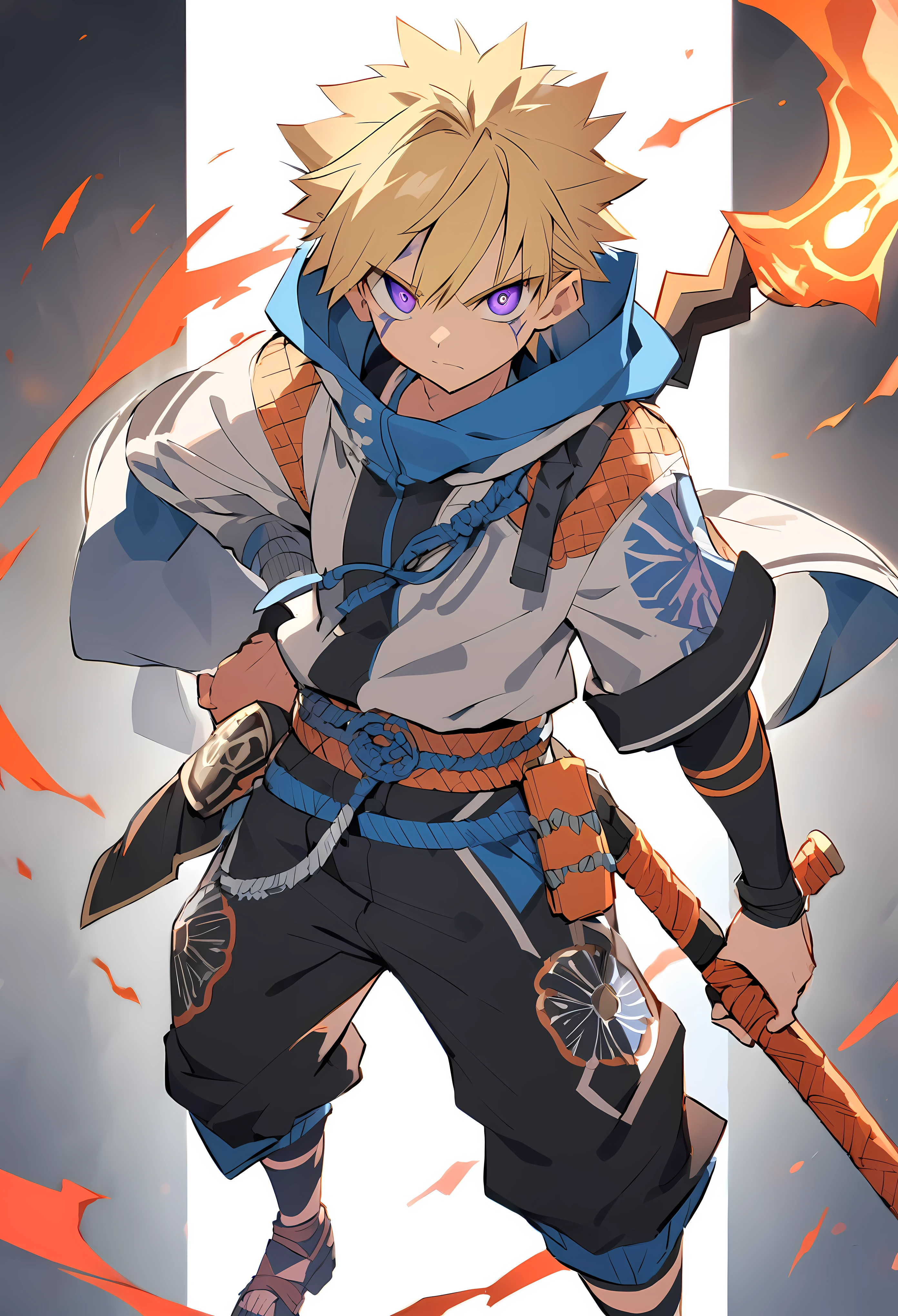 A  Namikaze ninja with spiky blond hair, wearing a casual ninja outfit with a more arrogant and defiant expression. His eyes are blue and purple, with small lightning scars on his eyelids reflecting a sharp and confident attitude. He holds a staff instead of a sword. His outfit combines elements of blue and gray, with unique symbols or details that show his ambition and desire to stand out. The style is similar to that of the anime Naruto, with a bold and striking appearance. 