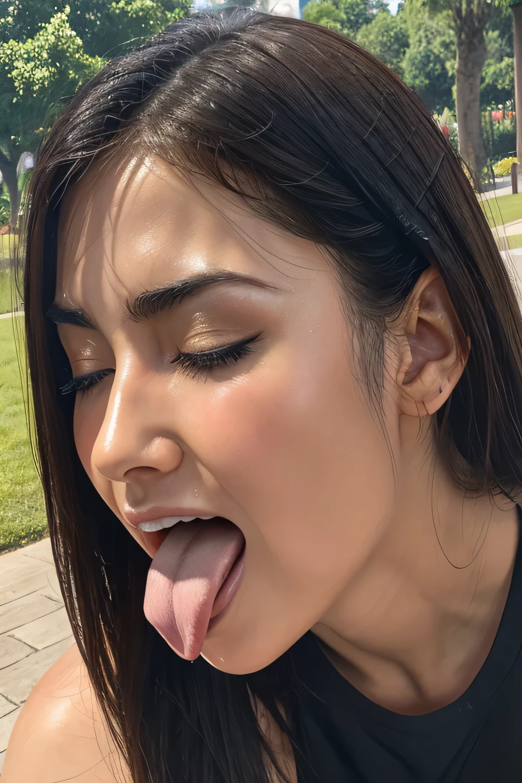1 Girl,flying debris,,Award-winning photo, Very detailed, Edge Orgasm,Face Focus,((Close your eyes and open your mouth,Sticking out a long tongue ))30 years old、Black Hair、Shiny skin,From below、Realistic nostrils、Long and narrow nasal cavity,、Next to the wall of the field、(In the bushes along the wall)((Sleeveless shirt))、Big Breasts、(Sharp Nose)Frowning performance:1.4, concept,teeth,performance,facial performances,Frowning,Lift your head、((very intense orgasm,frown,hyper realistic detail shiny skin,highly detailed ski,pores,real skin,))