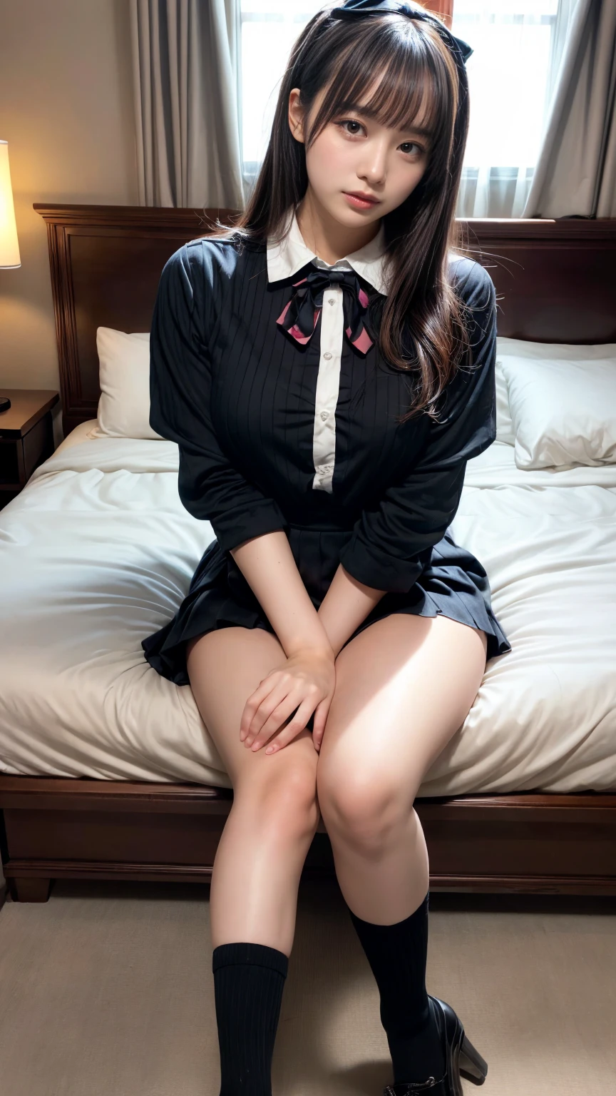 (absurdres:1.3), (highres:1.3), (ultra detailed:1.3),(1girl:1.3), (extremely detailed CG unity 8k wallpaper:1.3), (detailed skin texture, detailed cloth texture, detailed hair texture), (beautiful detailed face, supermodel, pale skin, realistic glistening skin), (RAW photo, best quality), (realistic, photo-realistic:1.4), masterpiece, extremely delicate and beautiful,Amazing, finely detail, extremely detailed CG unity 8k wallpaper, huge filesize, ultra-detailed, highres, absurdres, soft light,rim light, vibrant details, hotel room, straight hair, large breasts, black hair color, Big Natural Color Lip, (perfect body shape), beautiful legs, BREAK (black and red theme:1.4), (black sundress:1.5), (black sailor collar:1.4), ((short sleeve, bishop-sleeve):1.3), (black beret with white ribbon:1.4), (red tie:1.3), (double-breasted on (dress, skirt):1.3), ((red ribbon, white large-button):1.3), (red line on dress:1.2),
BREAK ((dark-brown pantyhose, loafers):1.2), crying a little、little smile, Harajuku style、20 year old girl、cute type、lolita、