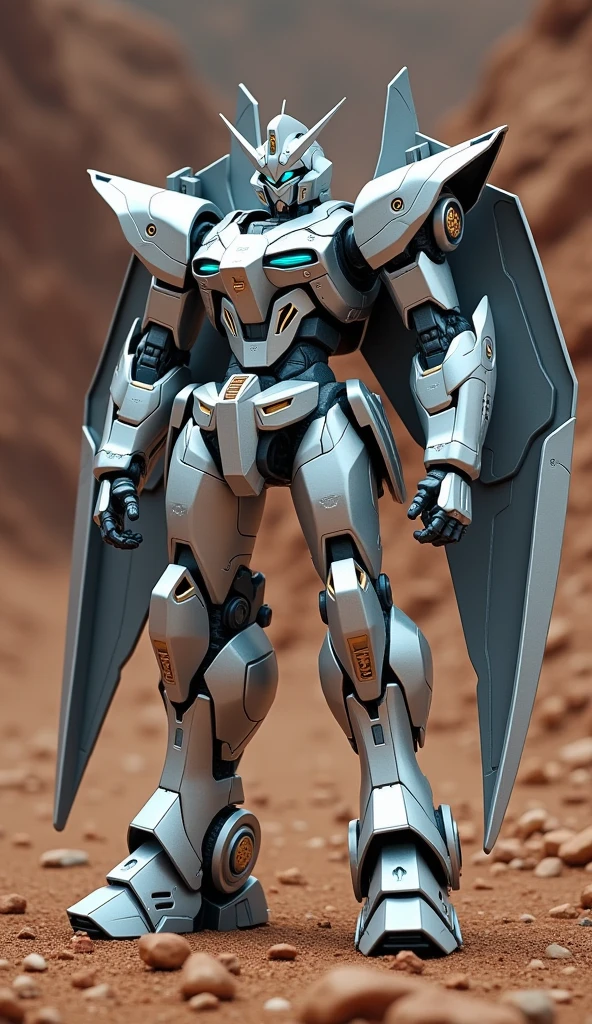 A silver robot with blue and white lighting stands grounded against a brown backdrop, likely a barren landscape of soil with rocks. Its eyes and hands emit blue light, and the robot features gold accents. The design is distinct and exhibits a look that suggests readiness for battle. The robot's structure includes large wings, contributing to its imposing presence. Despite there being no OCR readings indicating text on the robot, the overall scene conveys a futuristic atmosphere with a stark contrast between this powerful figure and the desolate surroundings, evoking feelings of both despair and resilience.