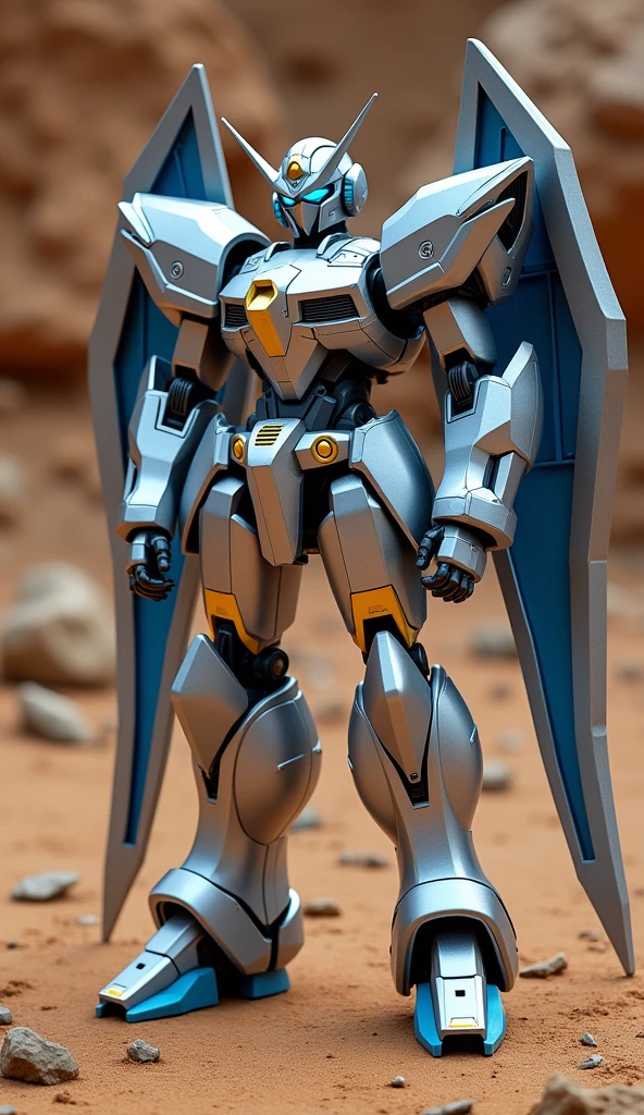 A silver robot with blue and white lighting stands grounded against a brown backdrop, likely a barren landscape of soil with rocks. Its eyes and hands emit blue light, and the robot features gold accents. The design is distinct and exhibits a look that suggests readiness for battle. The robot's structure includes large wings, contributing to its imposing presence. Despite there being no OCR readings indicating text on the robot, the overall scene conveys a futuristic atmosphere with a stark contrast between this powerful figure and the desolate surroundings, evoking feelings of both despair and resilience.