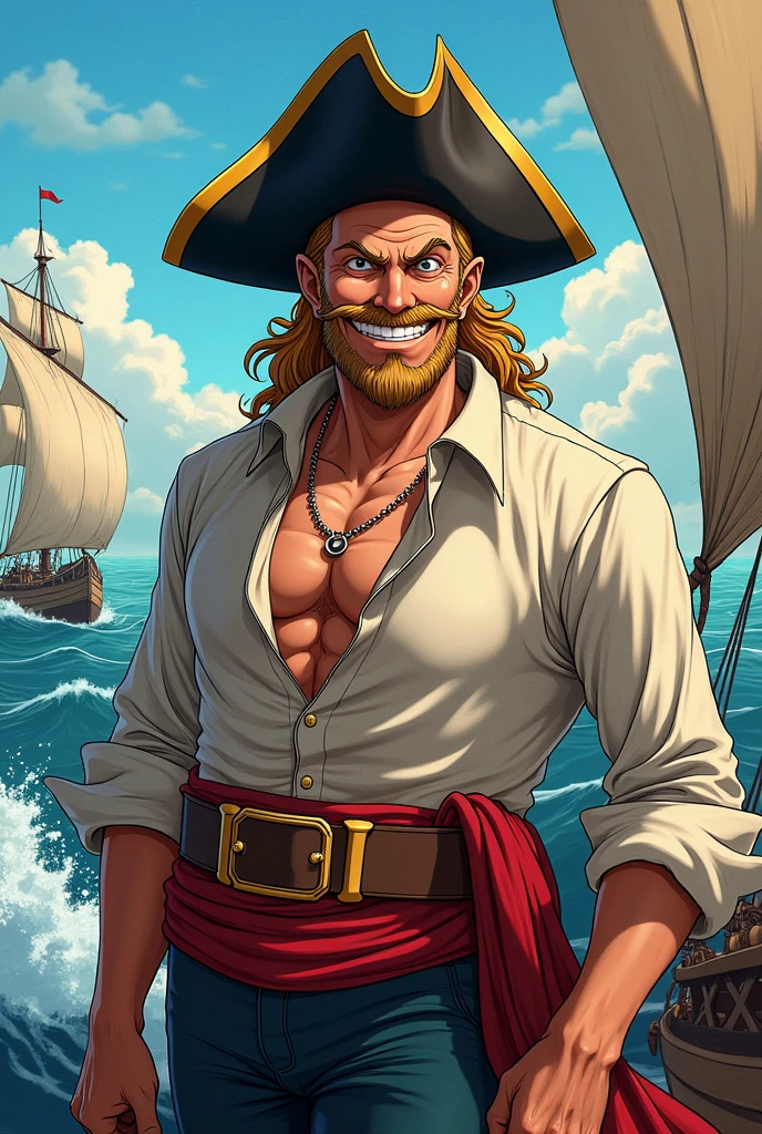 A yellow haird guy smoking, in a pirate ship