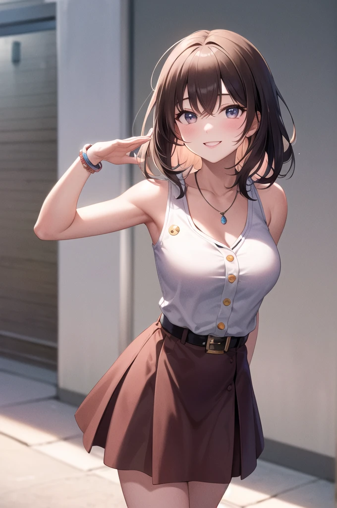 masterpiece, Best Quality, High resolution, CCKAIRI, Medium Hair, necklace, Exposing shoulders, hoodie, button, Sleeveless, bracelet, Belt Buckle, Black Belt, Pink Skirt, Standing, Cowboy Shot, town, street, Smiling Big Tits　ballerina　Ballet　Mother O　heart　I was hooked　Let&#39;s dance together　Busty