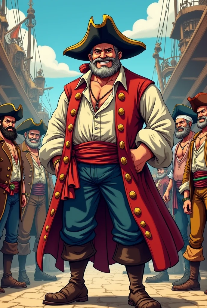 Draw a picture of the pirates letting a Nazi walk the plank. The combat boots should have white laces and should be on the front of the boots, not behind! Das ganze im One Piece Anime Style, the pirates are said to be drunk and have sabres and rum bottles in their hands, They should also have beards. The Nazi is said to be bald and to have wet his pants and to look pathetic and to be tied up. The picture should be kept dark with lots of black and red tones, the pirates should not wear combat boots. The picture should be good for a t-shirt motif