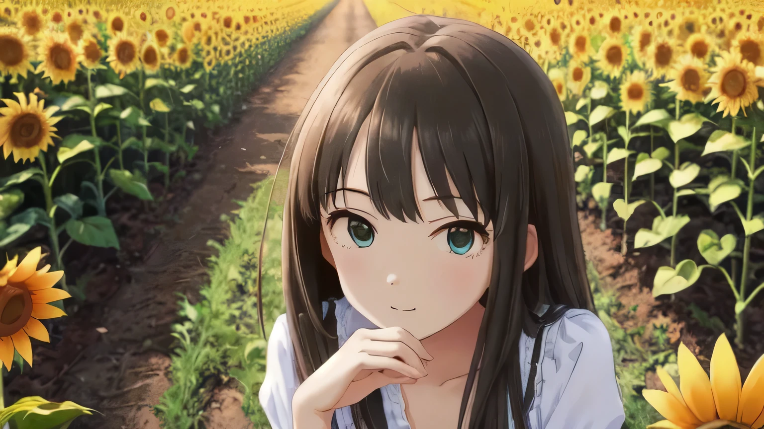 (Representative works:1.4)、(Best Quality:1.4)、detailed、High resolution、 View your viewers、Shibuya Rin、Small face、Redness、Black Hair、Sitting、barefoot、fringe、High angle、Sexy Mini Dress、Sunflower field、Just Focus