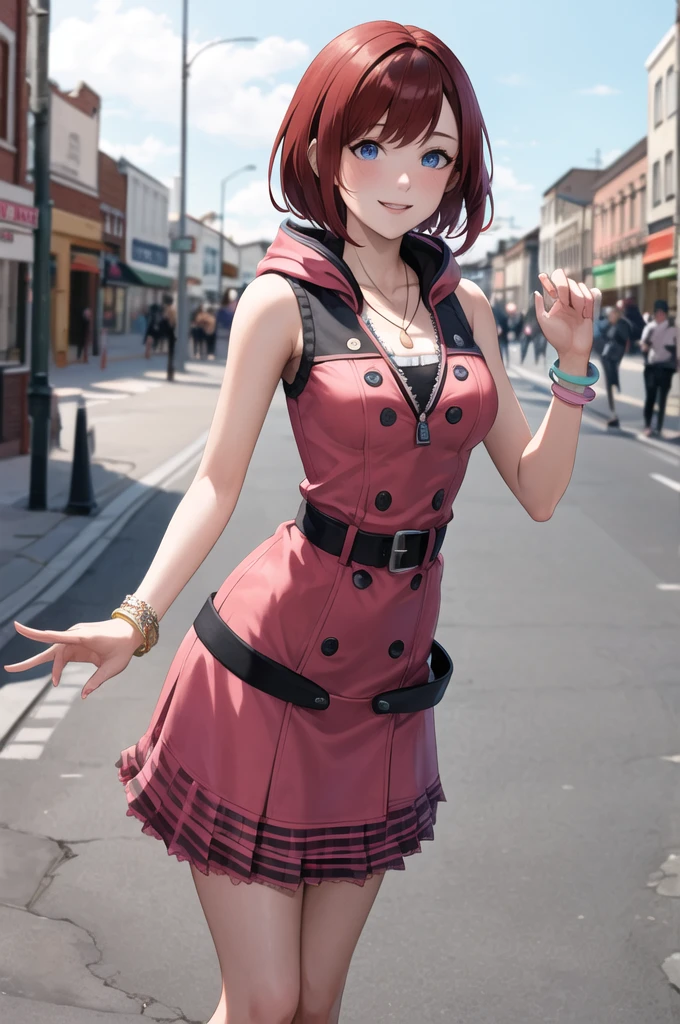 masterpiece, Best Quality, High resolution, CCKAIRI, Medium Hair, necklace, Exposing shoulders, hoodie, button, Sleeveless, bracelet, Belt Buckle, Black Belt, Pink Skirt, Standing, Cowboy Shot, town, street, smile　breasty big tits　Dance　Dancing Ballet