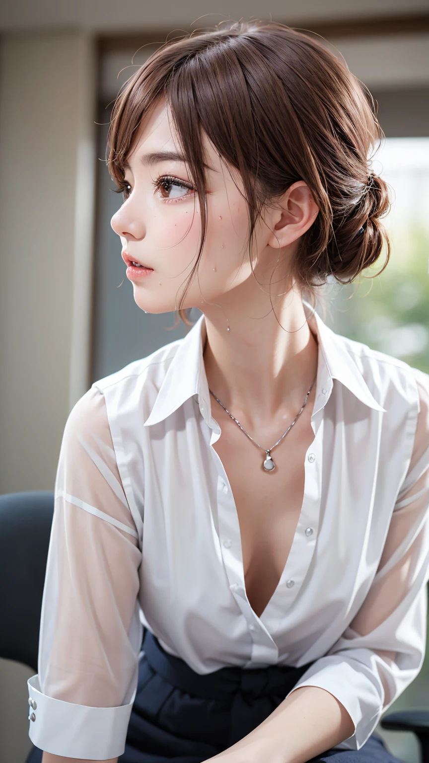 High resolution、超High resolution、photograph、Japanese Women、Staring and bashful、cute、Age 25、Random Hairstyles、Highly detailed skin、Rough skin、Detailed chest、Japanese、Leaning forward、Blouse shirt、Office、Beautiful profile、Gazing Eyes、Clear skin、Even skin、Clearly depicting every detail、Natural skin correction、Tight skirt、Get wet、Beautiful thighs、fidgety、sexy、Sit down