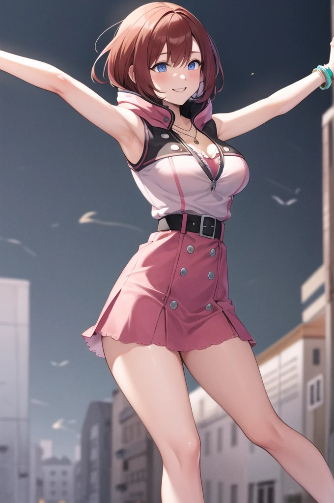 masterpiece, Best Quality, High resolution, CCKAIRI, Medium Hair, necklace, Exposing shoulders, hoodie, button, Sleeveless, bracelet, Belt Buckle, Black Belt, Pink Skirt, Standing, Cowboy Shot, town, street, smile　breasty big tits　Dance　Dancing Ballet　turn　Cleavage