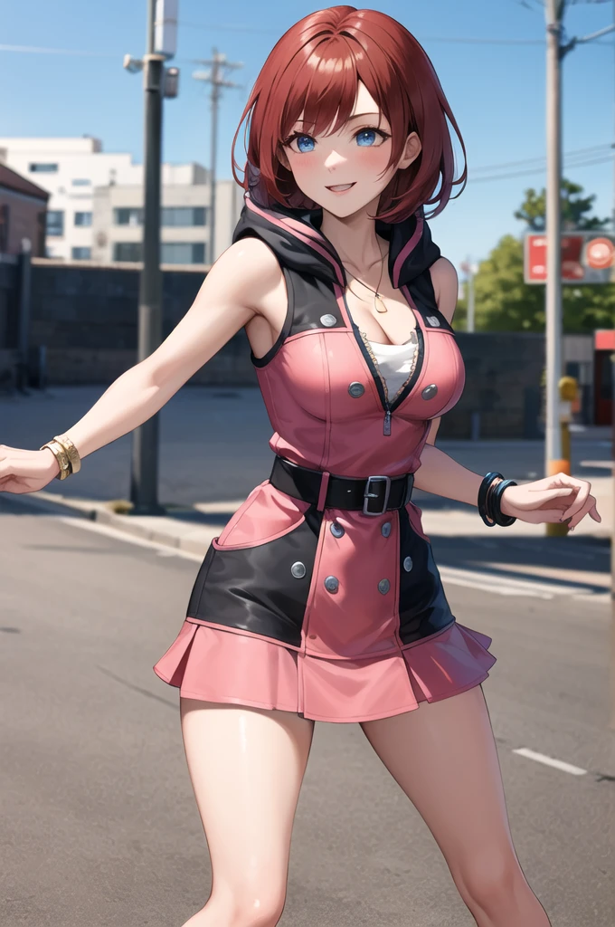 masterpiece, Best Quality, High resolution, CCKAIRI, Medium Hair, necklace, Exposing shoulders, hoodie, button, Sleeveless, bracelet, Belt Buckle, Black Belt, Pink Skirt, Standing, Cowboy Shot, town, street, smile　breasty big tits　Dance　Dancing Ballet　turn　Cleavage　Super big breasts　Squeeze the breasts