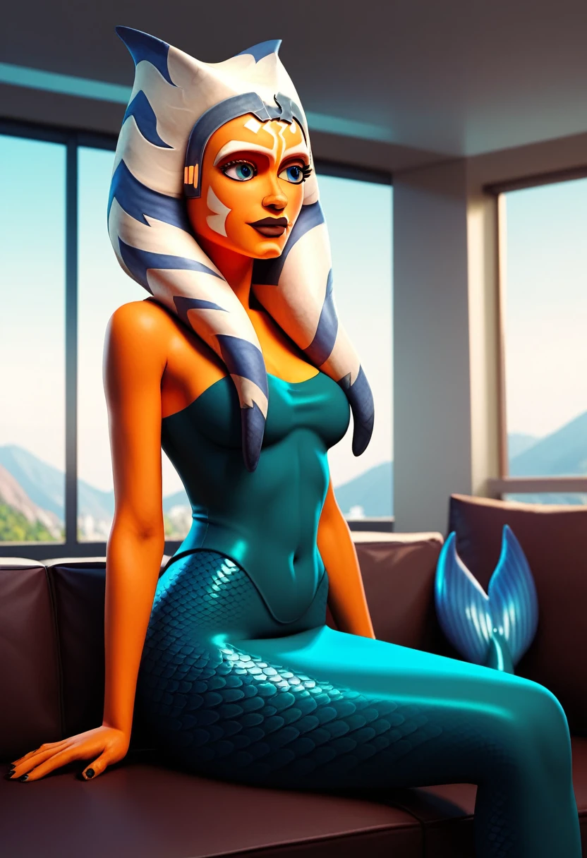 AhsokaTanoXL, blue eyes, tentacle hair, orange skin, colored skin, facial mark, solo, mermaid, mermaid tail, scaly tail, sits on a modern couch, through a window the mountains can be seen, parquet floor, complete body