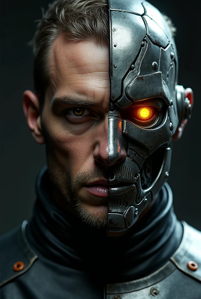 Create a visually intense artwork featuring a terminator face, shiny, reflecting chrome, one half of the face is a realistic human face,complete with tattered, torn skin that transitions into a highly detailed cyborg face, the terminator face has a glowing red eye, while the human face has a captivating blue eye. This art showcasing the perfect blend of advanced technology and human beauty., 3d render, illustration, portrait photography, vibrant