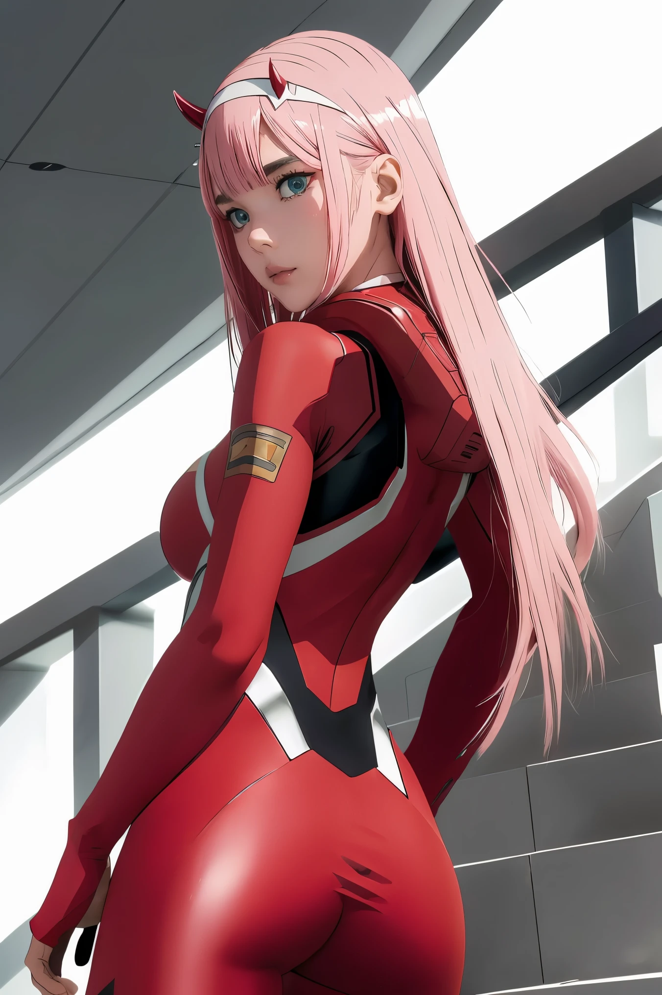 ((best quality)),((highly detailed)),masterpiece,absurdres,detailed face,beautiful face,((detailed eyes, deep eyes)),(1girl),((dynamic pose)),   Zero_Two, green eyes, 1girl, solo, red bodysuit, long hair, pilot suit, pink hair, bodysuit, straight hair, hairband, standing, horns, breasts, bangs, closed mouth, looking at viewer, medium breasts, white hairband, skin tight, blunt bangs, makeup, eyeshadow, very long hair, sidelocks, expressionless, hair between eyes, red horns, shiny hair, from behind