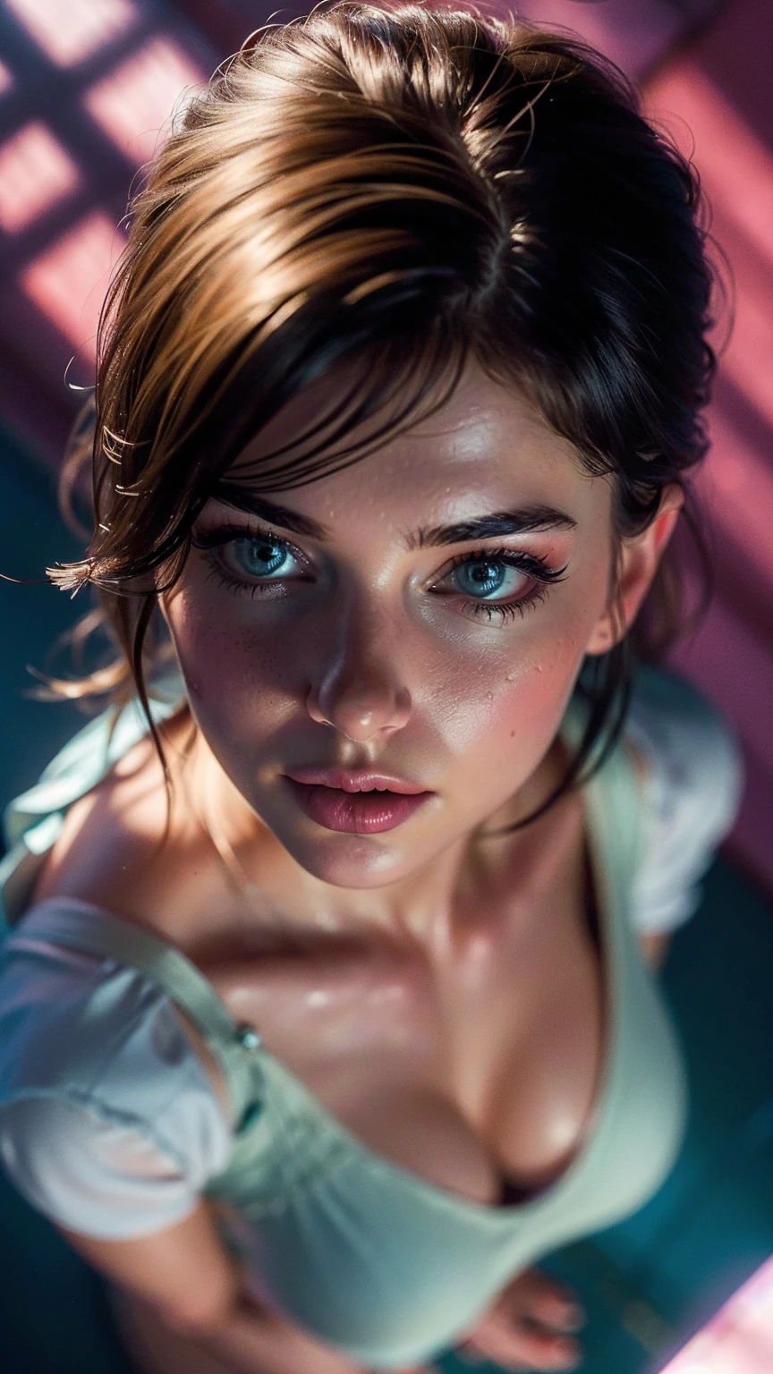 (((ultra realistic))) Photo, masterpiece, top quality, (pale skin), (Ultra detailed face and eyes:1.3), 1 girl, Adult, in a T-shirt, ((Eye makeup, mascara)), (large detailed lips), ((Pink волосы в хвост)), ((Chyolka)) , (Natural breasts), Slim waist. ((Posing)), photoshoot, studio (soft lighting), (The play of light and shadows), depth of field, bokeh, (special attention to skin detail: 1.2), Detailed leather texture, skin pores. (Warm atmosphere of the frame. Color range - purple, Pink, blue tones), UDR, ((Film grain)), ((rays)), (Glare), ((Photo to the waist, view from above)) , ultra detialed,