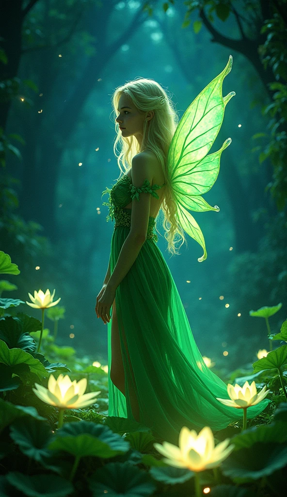 The image illustrates a beautiful and enchanting night scene in a fantasy forest, where a blonde-haired fairy adorned in green, decorated with leaf-like elements, stands amidst glowing green plants and possibly lotus flowers. The backdrop features a vibrant, star-studded sky, enhancing the magical ambiance of the setting. The image may be titled something akin to "Starry Fairy Night" to capture the fairy's graceful presence amidst the mystical forest setting.