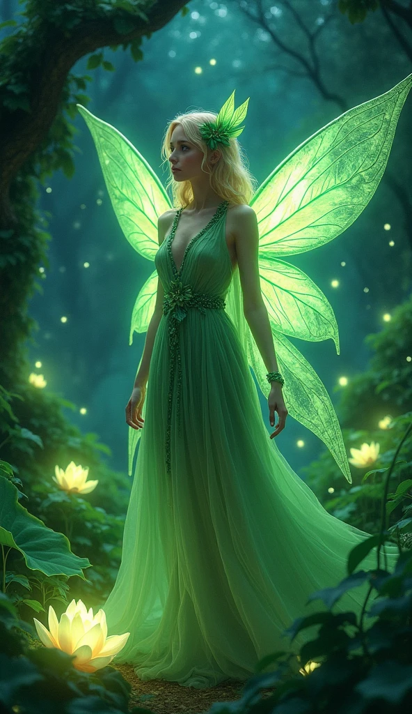 The image illustrates a beautiful and enchanting night scene in a fantasy forest, where a blonde-haired fairy adorned in green, decorated with leaf-like elements, stands amidst glowing green plants and possibly lotus flowers. The backdrop features a vibrant, star-studded sky, enhancing the magical ambiance of the setting. The image may be titled something akin to "Starry Fairy Night" to capture the fairy's graceful presence amidst the mystical forest setting.