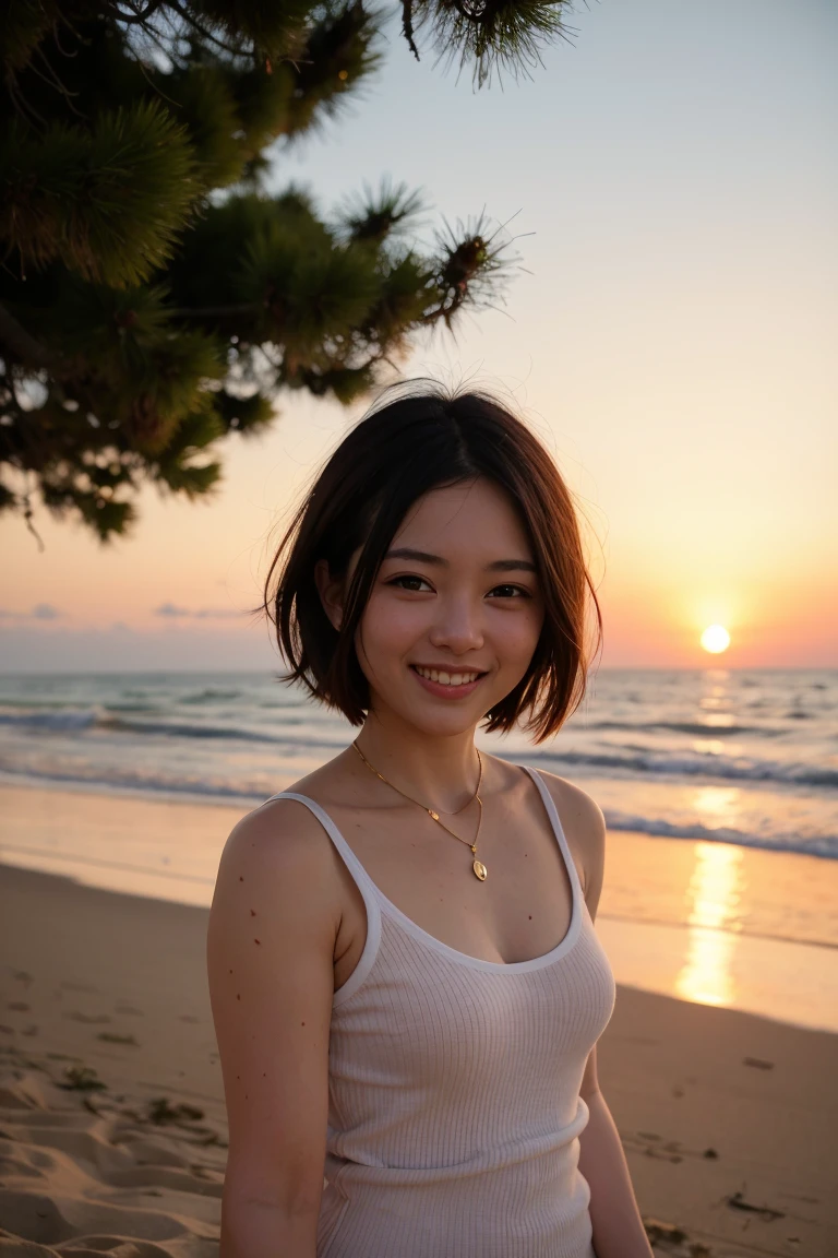 8K, (Hyper-reality: 1.35), (Realistic: 1.4), 1 beautiful Korean girl, smiling, solo. Light Makeup, Masterpiece, Top Quality, High Quality, Solo, No Panties, No Bra, Latin, Puberty, Only one girl, ((completely naked!)) ,((no bra, no panties)),((perfect body)),((top quality)),((ultrafine)),((extremely delicate and beautiful)),((extremely shallow depth of field)), nffsw,((incredibly shallow depth of field)). detailliert)), (((extremely delicate and beautiful)), (((very shallow depth of field))), nffsw, (((incredibly absurd))), (((perfect body))), (((black hair )))) ))), (((short cut hair))), (((okabo hair))), ((( Camera Eye)))), (((small ))), (((happy best smile))), poor tits, mea + background, dynamic angles, female focus, {light particles}, 细致背景, ((Paul Hedley)), soft lighting, (dramatic) sunset), sunset, very beautiful sunset, live action, realistic, top angle, cute smile, (blurred background), 18years old, skinny, ((wind)), ((movement)), ((emotion)), ((colorful)), (()), ((beautiful teeth)), wither, sea background