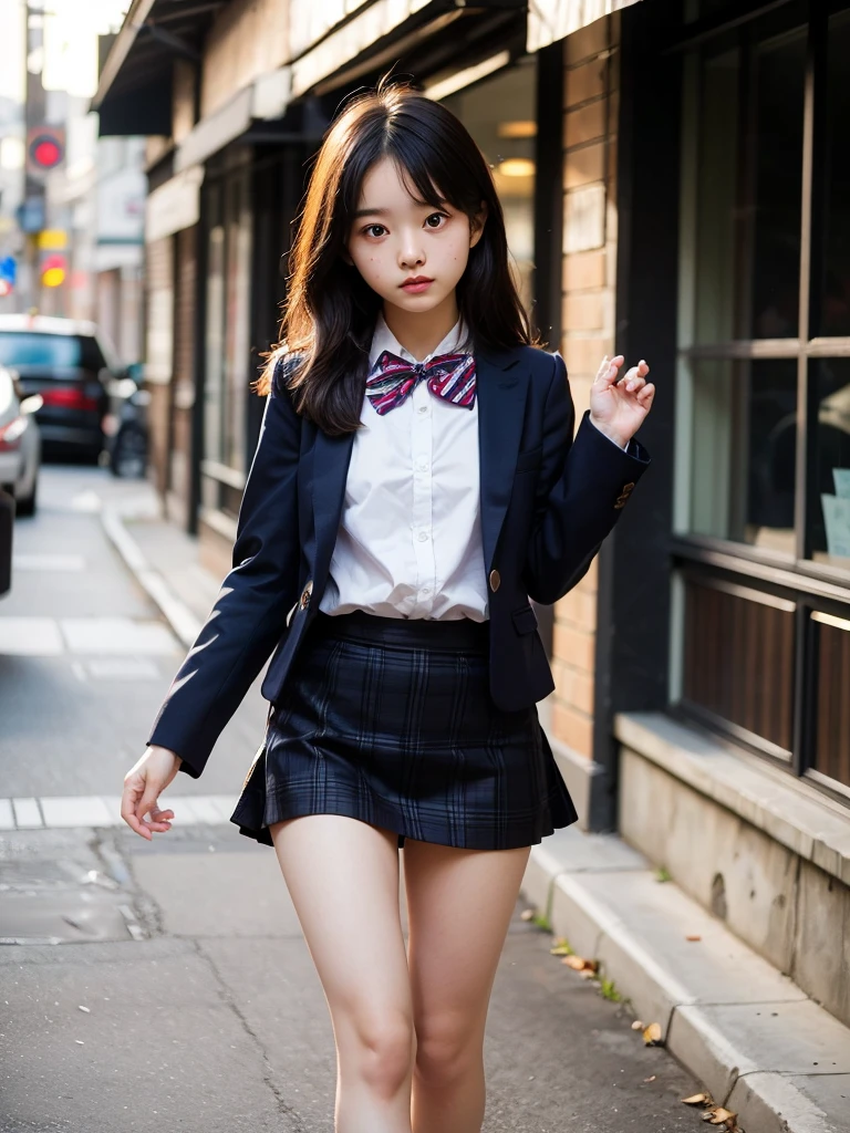 (masterpiece, highest quality:1.4), award-winning portraits, 8K, 85mm, alone, beautiful face, delicate girl, , (dark navy blazer jacket), dark navy skirt, long sleeve, violaces, gardenia, grace, Sophisticated, cute, teen, looking at the viewer, , Raw photo, disorganized, HDR, sharp focus, A bow tie, background bokeh、(((flat 、thin and delicate body、A childish atmosphere)))、Her shiny semi-long hair is tied up、hair swaying in the wind、Mole on the left cheek、large, round, dark blue eyes、full body、random pose、Junior idol、Nogizaka Idol、widening skirt、jump、mole under eye、sexy、basement、naked