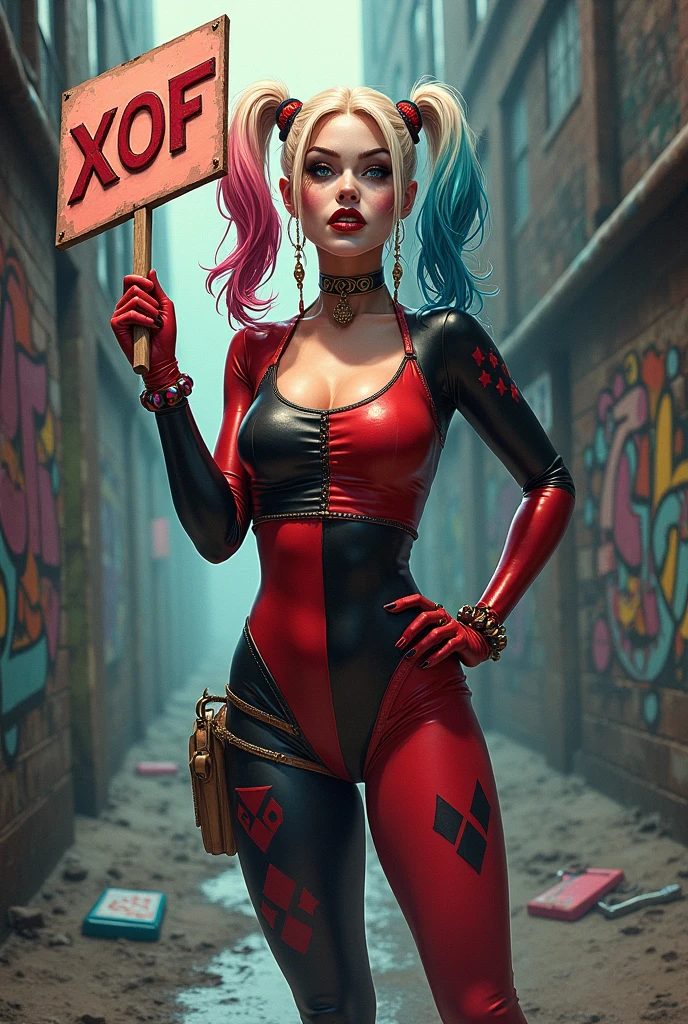 Harley Quinn defeating a character lying in ground in a multiversus videogame stage