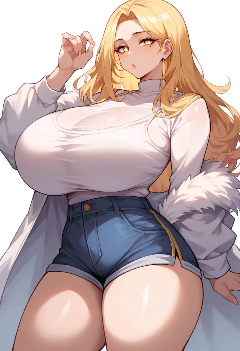 standing, mixed_artwork style, big , detailed eyes, (Mature woman), beautiful woman, huge breasts, yellow Long Straight hair, Fringe Hair, (white top, shorts, showing her tits), yellow eyes, pretty nails, Neutral face, mole under eye, innerboob