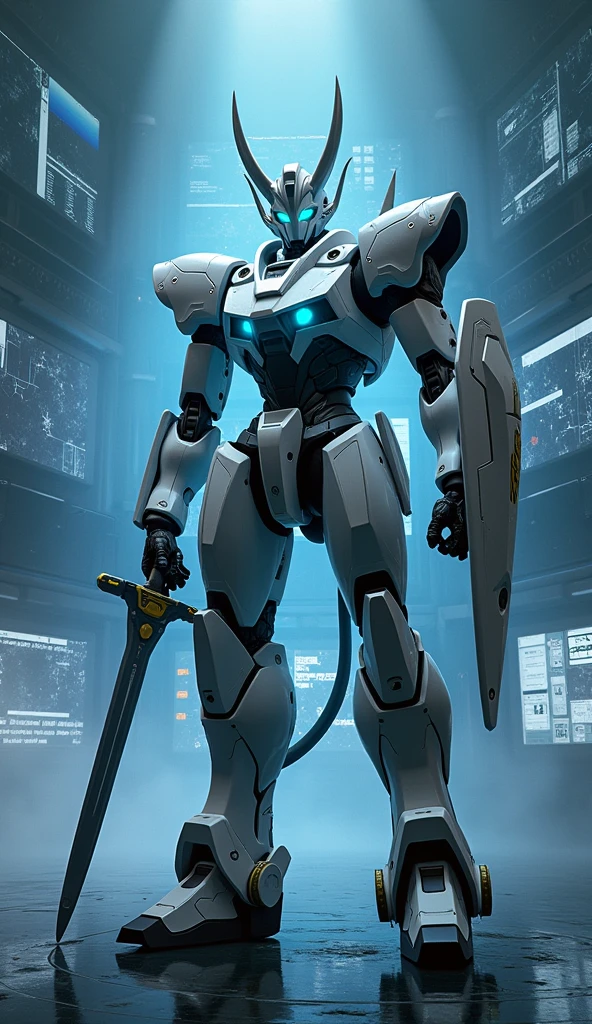 "The Guardian of the Control Room: A towering robot with a sleek white body and vivid blue facial features vigilantly stands amidst a dark, high-tech control room. With glowing blue eyes and lights accentuating its horns and tail, it exudes an aura of futuristic might. In its grasp, it clutches a sword and shield, ready to defend against unseen threats. The room's ambiance is set by a multitude of screens, casting an array of visuals in the shadows, contributing to the overall cyberpunk essence of the scene."