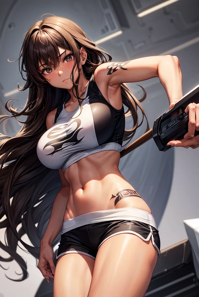 Solo, Create a drawing of an attractive girl with big breasts, wide legs, gray eyes, cold and penetrating gaze, tanned skin tone, long loose and wavy brown hair, with a tattoo on her left leg, wearing black sports shorts , white. sleeveless t-shirt