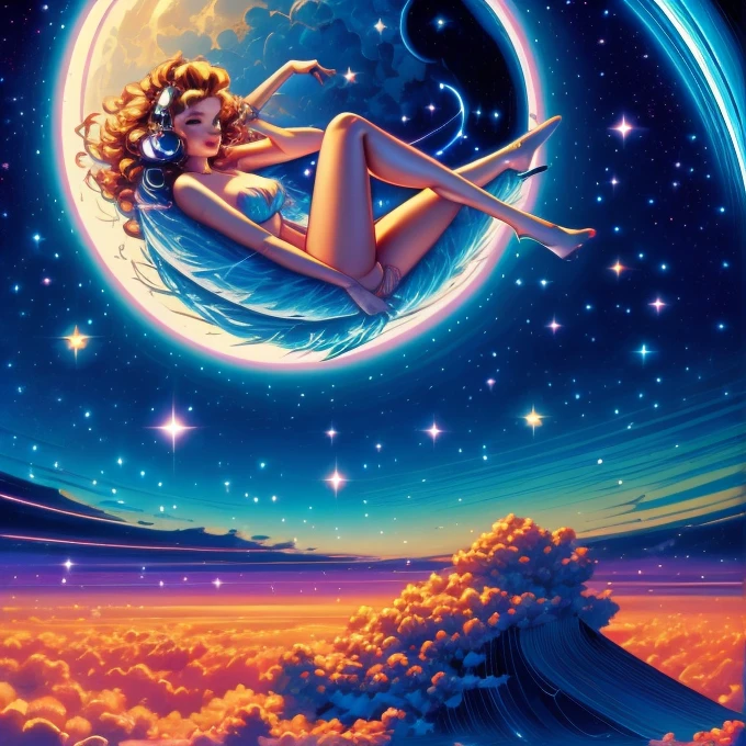 A Gil Elvgren pin-up style painting of a beautiful nude woman with big messy hair, wearing headphones, sleeping on a fluffy cloud, floating over a small Cityscape at night, glowing moon and twinkling stars, in a provocative pose, vibrant and colorful, full body shot.