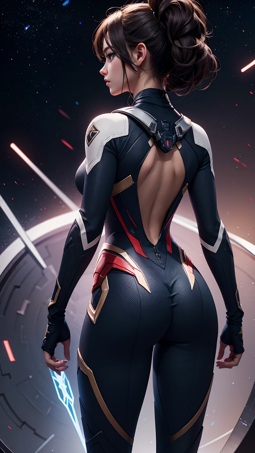 (solo girl:1.2, shot from behind, dynamic poses:1.1), (rotating big head:1.3), lens, Dramatic lighting that emphasizes shadows, Textured details, Laser effect adds depth, best quality.