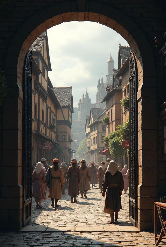 Medieval painting showing bustling street with several people.