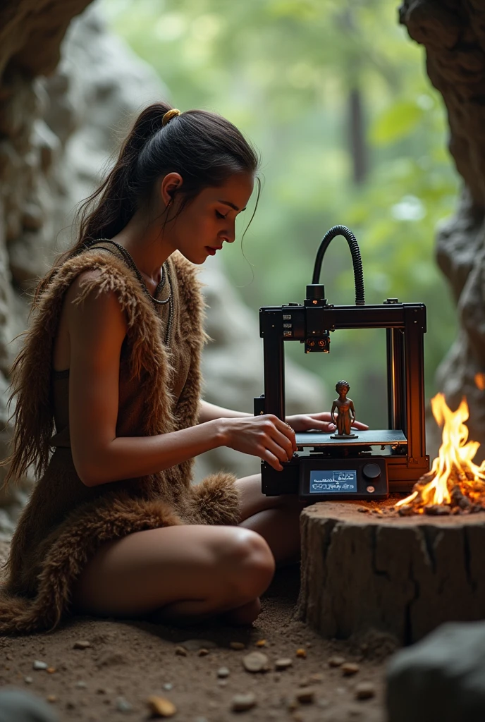 A realistic photo of a primitive female cave dweller operating a 3D resin printer in which his miniature is printed. The 3D resin printer is placed on a stump. There is a hearth next to the 3D printer, in which a fire burns. The background reveals a prehistoric setting with trees and rocks."