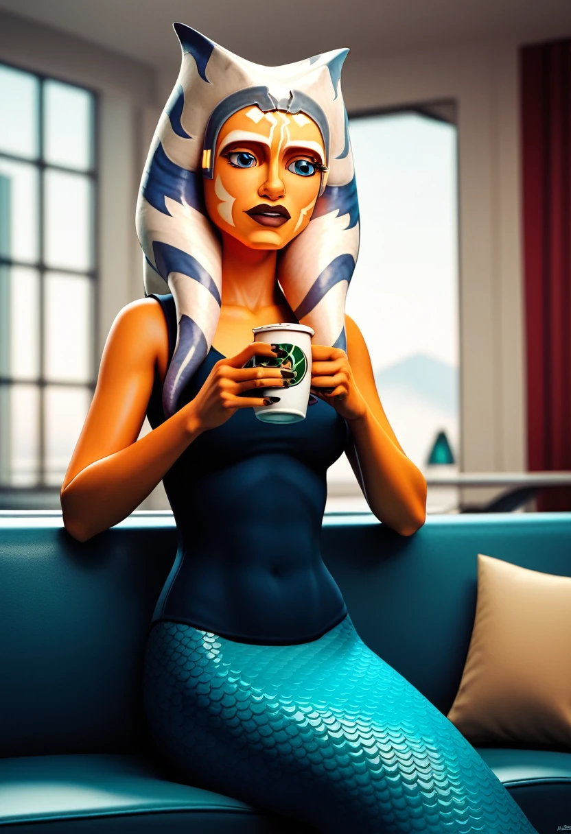 AhsokaTanoXL, blue eyes, tentacle hair, orange skin, colored skin, facial mark, solo, mermaid, mermaid tail, scaly tail, sits on a modern couch, through a window the mountains can be seen, parquet floor, complete body, holds a cup of coffee in the hand