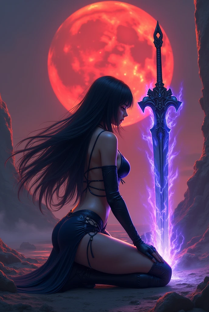 dark castle, horizon, night, rain, lightning, storm, dungeon, catacomb, dark, a woman with long hair in a combat stance with her back looking at the castle on the horizon with a bikini, holding a scythe,