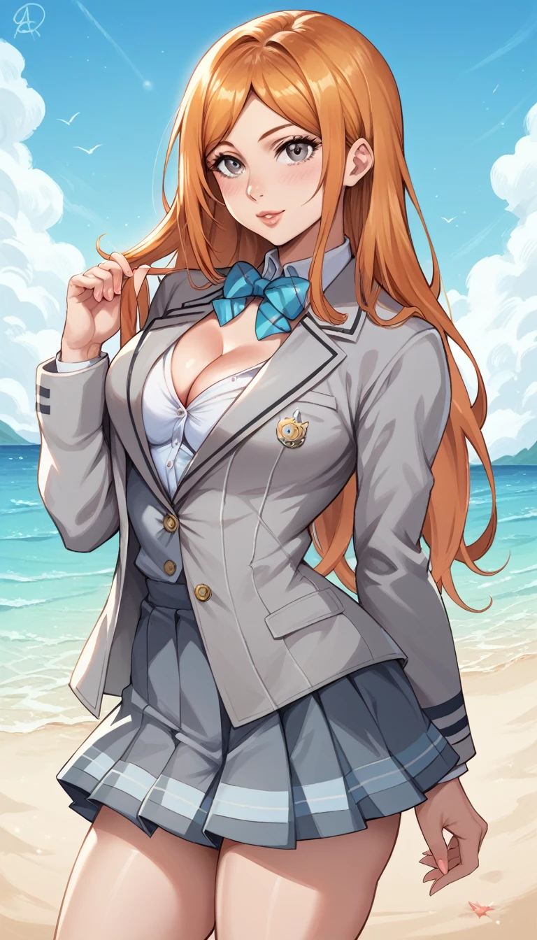 score_9, score_8_up, score_7_up, detailed face, beautiful, detailed background, masterpiece, best quality, looking at viewer,  inoue orihime, long hair, orange hair, grey eyes,
skirt, bow, school uniform, grey jacket, hourglass figure, on beach, cowboy shot, cleavage, hot