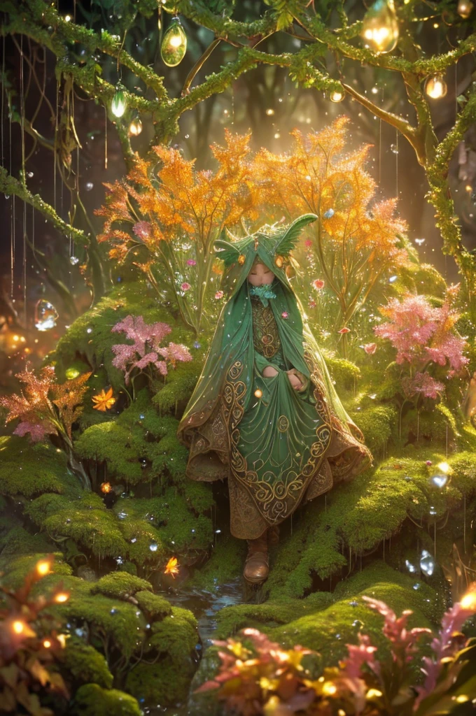 A cute moss covered dewy male wizard, wrinkled old looking skin, close up in a dewy rain forest with pink orange red and yellow forest colors, fall colors, intricate wizarding costume cragged materials, In a tilt-shift, macro-photographed scene with a shallow depth of field, a tiny, iridescent mystic wizard, intricate gnarled leather wizarding boots, its body a mesmerizing mosaic of microscopic mirrors and gears, perches on the velvety, emerald-green edge of a dew-kissed leaf, surrounded by a constellation of glistening, crystal-like droplets that refract and reflect the soft, golden light filtering through the forest canopy above, amidst a tapestry of intricate, lace-like ferns and moss-covered twigs, with the blurred, bokeh-rich background a warm, earthy blend of umber, sienna, and olive hues.