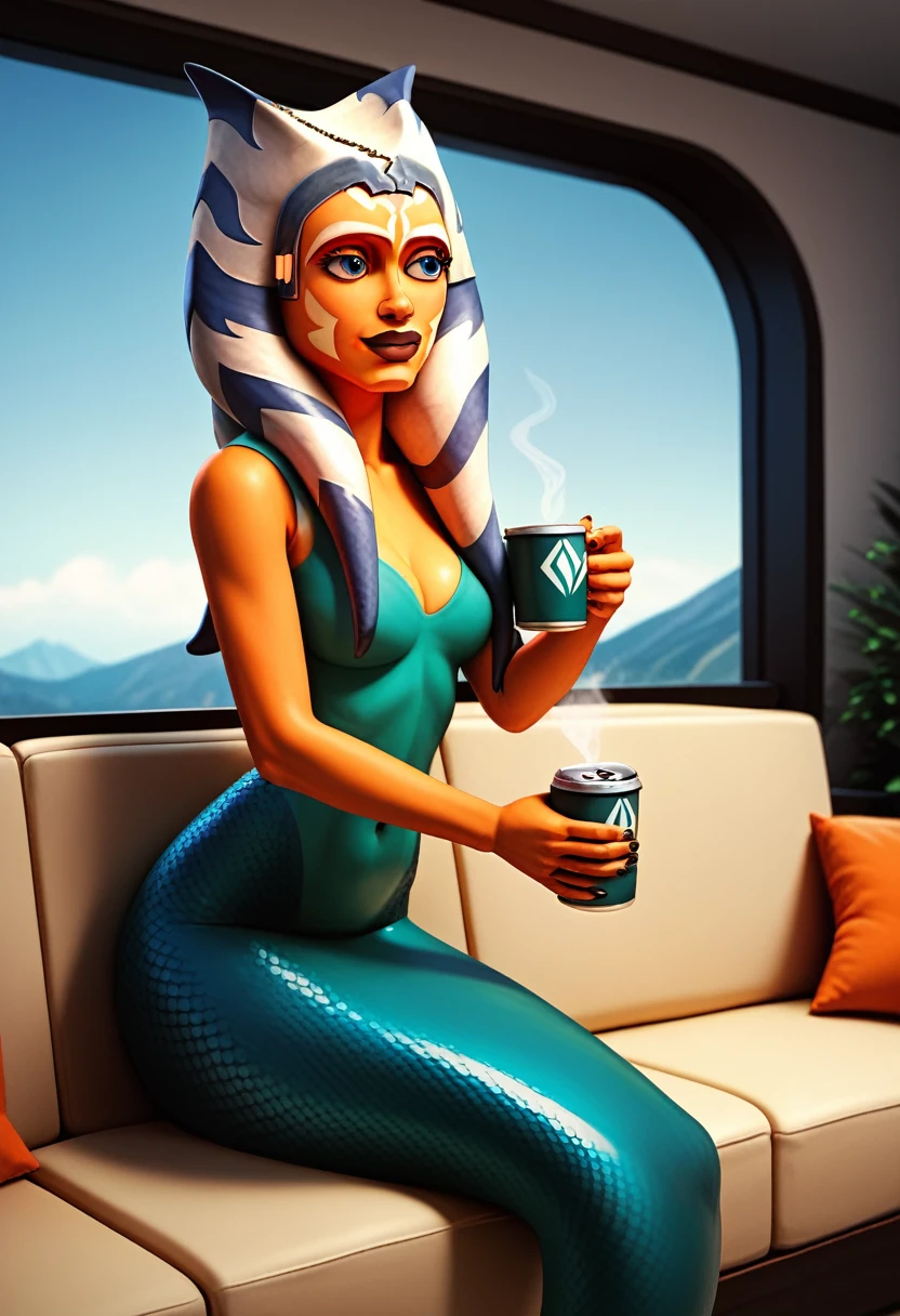 AhsokaTanoXL, blue eyes, tentacle hair, orange skin, colored skin, facial mark, solo, mermaid, mermaid tail, scaly tail, sits on a modern couch, through a window the mountains can be seen, parquet floor, complete body, holds a cup of coffee in the hand